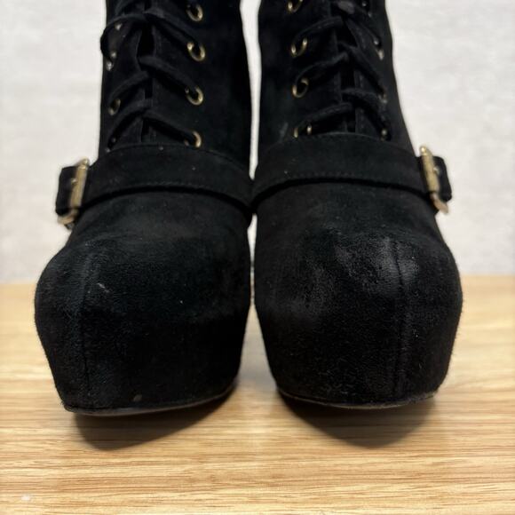 Steve Madden Carnaby Black Suede Lace-Up Platform Boots | Chunky Wooden Heel 6.5 - Picture 6 of 13